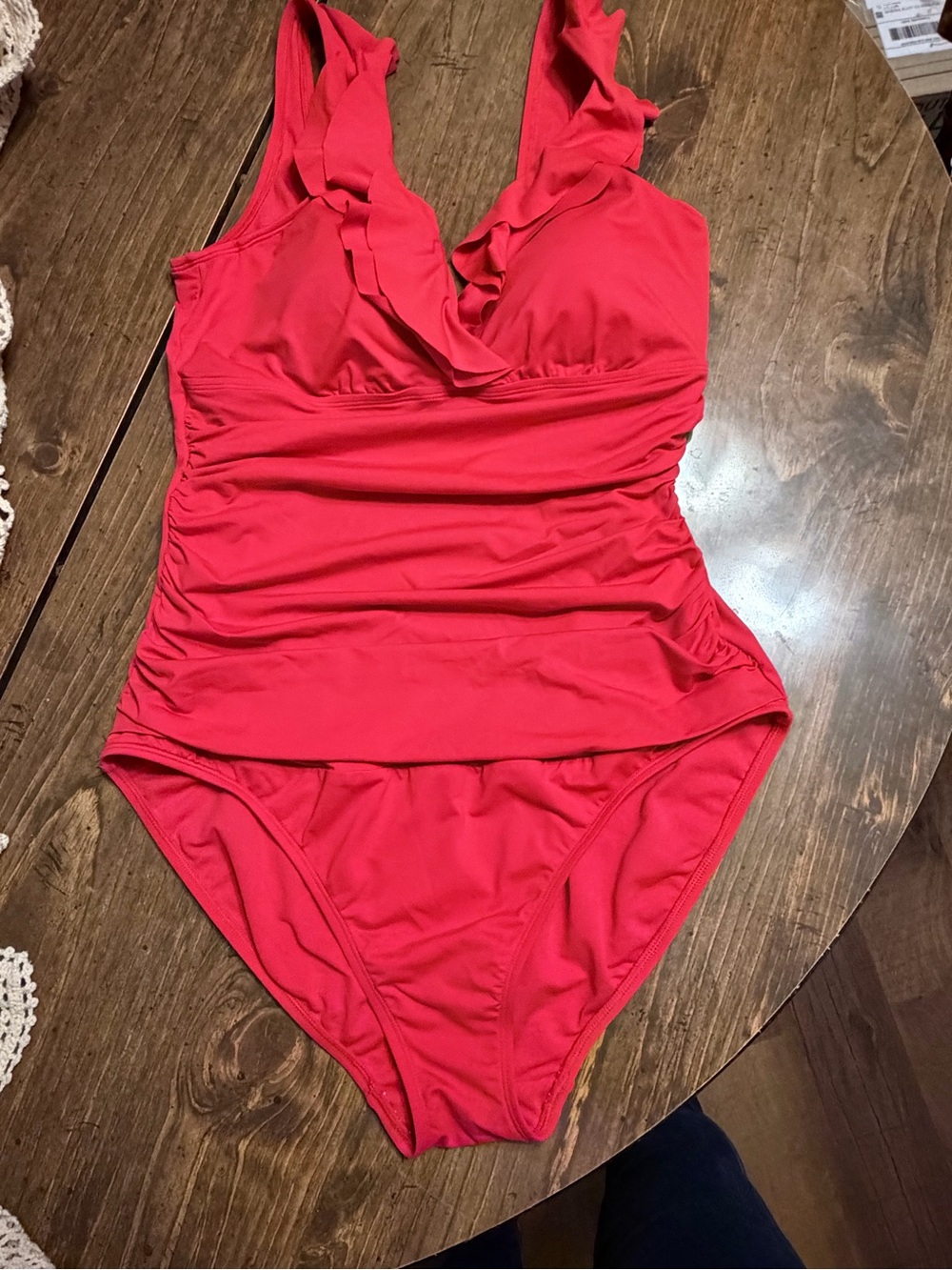 Ruffled V-Neck One-Piece Swimsuit in Bright Red